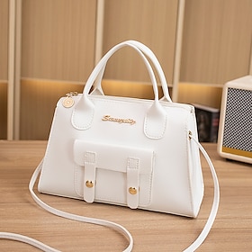 Women's White Faux Leather Handbag with Top Handle and Front Buckle Detail  Elegant Structured Satchel for Office, Travel, and Daily Use