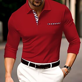 Homme Polo Polos à Boutons Occasionnel Sports Revers manche longue Mode Basique Bloc de Couleur Boutons Poche Avant Printemps  Automne Coupe régulière Rouge Po
