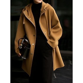 Women's Wool Blend Coat with Hood Winter Long Pea Coat Fall Single Breasted Overcoat Drawstring Warm Trench Coat Stylish Casual Jacket Long Sleeve Plain with P