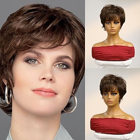 Human Hair Blend Wig Short Natural Straight Pixie Cut Side Part Layered Haircut Asymmetrical Brown Cosplay Curler  Straightener Natural Hai