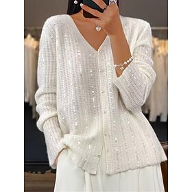 Women's Cardigan Sweater V Neck Ribbed Knit Polyester Sequins Patchwork Fall Winter Regular Party Going out Elegant Stylish Soft Long Sleeve Plaid Black White