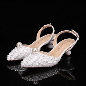 Wedding Shoes for Bride Bridesmaid Women Closed Toe Pointed Toe White Beige PU Pumps Sandals with Imitation Pearl Sculptural Heel Low Heel Wedding Party Valent