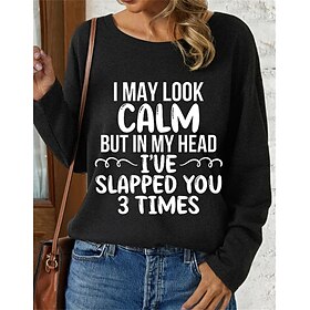 Women's T shirt Tee Letter Black Blue Khaki Print Long Sleeve Daily Weekend Fashion Round Neck Regular Fit Spring   Fall