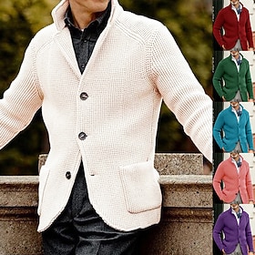 Men's Dress Sweater Cardigan Sweater Ribbed Knit Knitted Standing Collar Warm Ups Modern Contemporary Daily Wear Going out Clothing Apparel Fall Winter Wine Re