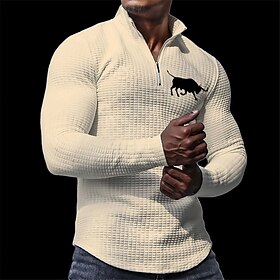 Cow Men's Casual Print 3D Waffle Polo Shirt Outdoor Casual Daily Streetwear Polyester Long Sleeve Turndown Zip Polo Shirts Black White Fall