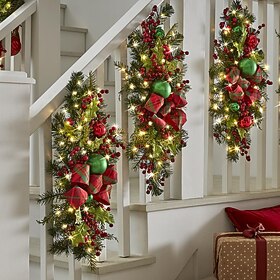 Christmas Wreath Outdoor for Front Door Winter Wreath Window Wall Decoration with Lights,Christmas Artificial Pine Lighted Wreath with Cones Needles, Berries a