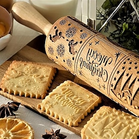 Christmas Rolling Pin Nativity Scene Embossing Pattern Xmas Wooden 3D Engraved Nativity With Jesus For Baking Cookies