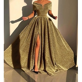 A-Line Evening Gown Sparkle Shine Dress Formal Fall Court Train Sleeveless Off Shoulder Sequined with Sequin Slit Masquerade Dress