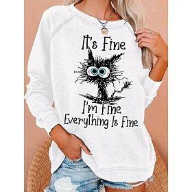 Women's Sweatshirt Pullover Cat Letter Active Sportswear Drawstring Front Pocket White Blue Gray Casual Sports Round Neck Long Sleeve Top Micro-elastic Fall W