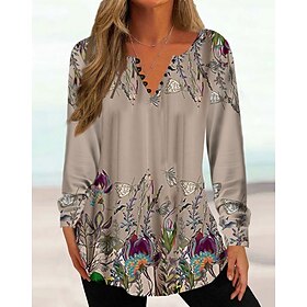 Damenshirt Tunika Henley Bluse Tunika Basic Floral Knöpfe Druck Langarm Regelmäßige Oberteile Rundhals Lässig Urlaub Blau Fuchsia Braun Khaki Frühling Herbst V