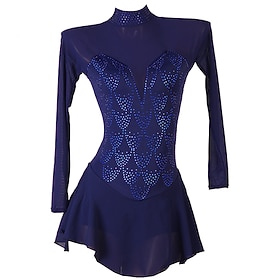 Figure Skating Dress Women's Girls' Ice Skating Dress Dark Navy Patchwork Open Back Mesh High Elasticity Training Competition Skating Wear Classic Long Sleeve