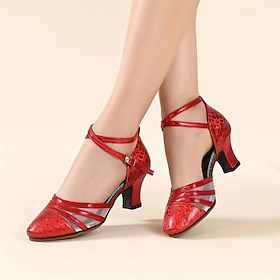 Women's Red Latin Dance Shoes  Shiny Faux Leather Heels with Mesh Panels and Ankle Straps for Ballroom, Salsa  Performance