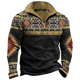 Tribal Geometry Men's Vintage Print 3D Zip Polo Outdoor Casual Daily Streetwear Polyester Long Sleeve Turndown Zip Polo Shirts Black Fall