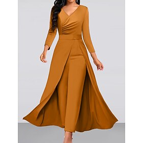 Women's Jumpsuit Solid Color V Neck Elegant Wedding Party Wide Leg Regular Fit Long Sleeve Royal Blue Khaki S M L All Seasons