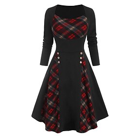 Women's Swing Dress Skater Dress Plaid Print Button Square Neck Midi Dress Vintage Fashion Outdoor Daily Long Sleeve Regular Fit Red Purple Green Fall Winter S