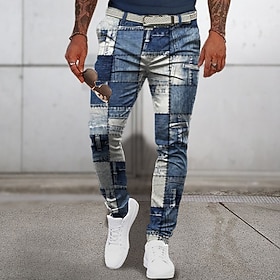 patchwork motif plaid géométrie hommes d'affaires 3d imprimé robe pantalon pantalon coupe classique pantalon avant plat bleu marine taille moyenne extérieur st