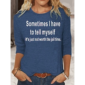 Women's T shirt Tee Letter Black Blue Green Print Long Sleeve Daily Weekend Fashion Round Neck Regular Fit Spring   Fall
