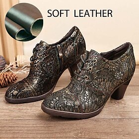 Women's Heels Pumps Plus Size Handmade Shoes Daily Floral Embroidered Zipper Flower Flat Heel Pointed Toe Vintage Casual Comfort Leather Zipper Colorful Black