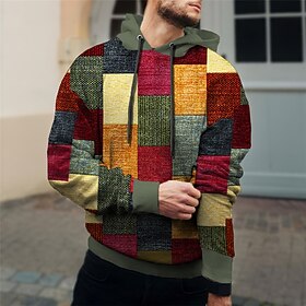 Men's Plaid Color Block Graphic Prints Hoodie Hoodies Sweatshirt Daily Classic Casual Long Sleeve Hooded Holiday Going out Streetwear Red Purple Green Print Sp