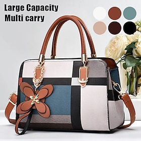 Women's Plaid Handbag with Faux Leather Handles and Shoulder Strap, Structured Top Handle Bag with Butterfly Charm for Office, Shopping and Daily Use