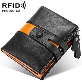 Men's 100% Cowhide Leather Zipper Wallet RFID Blocking ID Card Holder Coin Purse