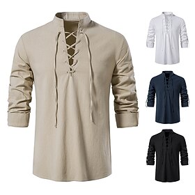 Men's Linen Shirt Shirt Summer Shirt Beach Shirt Black White Navy Blue Long Sleeve Plain Stand Collar All Seasons Daily Hawaiian Clothing Apparel
