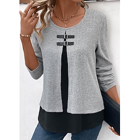 Women's Shirt Blouse Plain Pink Red Green Long Sleeve Casual Fashion Round Neck Regular Fit Fall  Winter