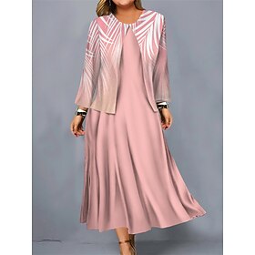 Women's Plus Size Curve Casual Dress Dress Set Two Piece Dress Leaf Midi Dress Long Sleeve Print Crew Neck Mature Outdoor Pink Blue Fall Winter L XL XXL 3XL 4X