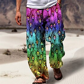 Peacock Feather Casual Men's 3D Print Pants Trousers Outdoor Street Going out Polyester Blue Purple Green S M L Mid Waist Elasticity Pants