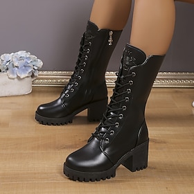 Women's Black Lace-Up Combat Boots with Chunky High Heel and Lug Sole, Gothic Punk Style Fashion Boots for Autumn Winter