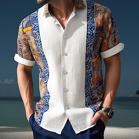 Men's Shirt Linen Shirt Floral Tribal GraphicTurndown A E I M Q Outdoor Street Short Sleeves Print Clothing Apparel Linen Shirt Fashion Designer Casual Soft