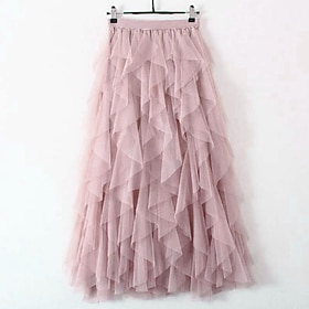 Women's Swing Tulle Long Skirt Maxi Black Pink Coffee Light Blue Skirts Summer Mesh Tutu Casual Daily One-Size