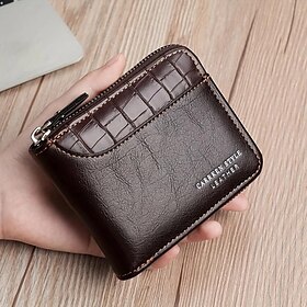 Men's Faux Leather Bifold Wallet  Vintage Style Zipper Coin Purse with Card Slots, Compact Design for Business  Casual Use