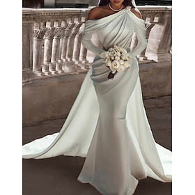 Formal Wedding Dresses Two Piece One Shoulder Long Sleeve Floor Length Satin Bridal Gowns With Sash / Ribbon Beading 2024