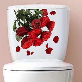 romantisk toalettlokkdekal med rødt rosemønster - selvklebende dekorativt klistremerke på badet for kreativt toalettdeksel og baderomstilbehør