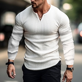 Men's T Shirt Henley Shirt Muscle Shirt Ribbed Knit tee Tee Top Long Sleeve Plain Pit Strip Fashion Designer Basic Classic V Neck Vacation Street Going out Spr