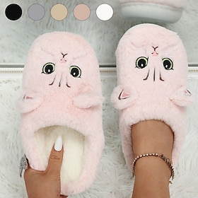 Women's Plush Cat Face Slippers - Cozy Indoor Furry Slippers with Cute Ears and Embroidery for Winter Home Wear