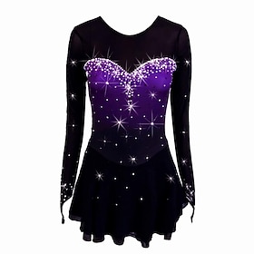 Figure Skating Dress Women's Girls' Ice Skating Dress Purple Stretchy Training Competition Skating Wear Thermal Warm Crystal / Rhinestone Long Sleeve Ice Skati
