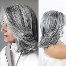 Grey Layered Wig Mix Gray and Black Natural Wave Hair Wigs for Women Shoulder Length Silver Wavy Wigs with Curtain Bangs Wigs 14inch Short Layered Gray Wig Nat