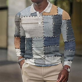 Plaid Geometrie Herren Brautkleider Schlicht Bedruckt 3D Waffel-Poloshirt Outdoor Casual Strassenmode Waffelstoff Langarm Umlegekragen Polo