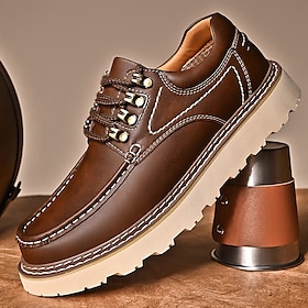 Men's Brown Leather Casual Shoes  Lace-Up Moccasins with Rugged Sole, Stylish Outdoor Footwear for Walking  Work