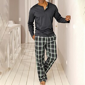 Men's Loungewear Sleepwear Pajama Set Pajama Top and Pant 2 Pieces Plaid Stylish Casual Comfort Home Daily Polyester Comfort Henley Long Sleeve T Shirt Pant Dr