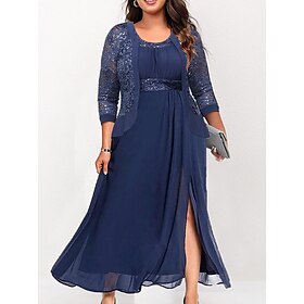 Women's Plus Size Curve Party Dress Lace Dress Dress Set Plain Long Dress Maxi Dress 3/4 Length Sleeve Lace Patchwork Crew Neck Fashion Party Navy Blue Fall Wi
