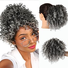 Short Gray Curly Messy Bun Drawstring Ponytail Afro Grey Ombre Ponytail Extension Synthetic Messy Kinky Curly Afro Puff Drawstring Ponytail for Black Women Flu