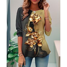 Women's T shirt Tee Floral Blue Purple Khaki Print Long Sleeve Holiday Weekend Fashion Round Neck Regular Fit Spring   Fall