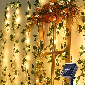 Elegant Wedding Party Reception 2M Solar LED Fairy String Lights – 8 Modes Warm White IP65 Waterproof Ivy Leaf Hanging Lights for Yard, Wall Decor