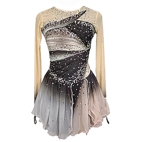 Figure Skating Dress Women's Girls' Ice Skating Dress Grey Patchwork Thumbhole Mesh Spandex Stretchy Training Practice Professional Skating Wear Crystal / Rhin