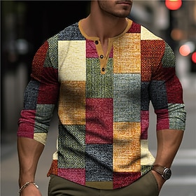 Voor heren Grafisch Ruitjes Kleurenblok Henley-shirt Wafel T-shirt Lange mouw 3D-afdrukken Modieus Ontwerper Casual Buitensporten Feestdagen Festival Lente He