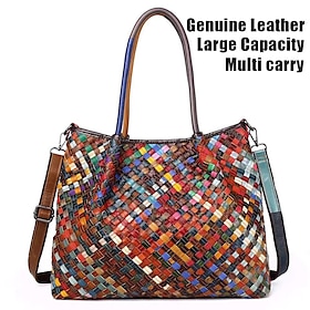 Women's Multicolor Woven Leather Tote Bag with Dual Straps and Boho Patchwork Style, Large Shoulder Handbag for Travel, Art Events, and Casual Daily Use