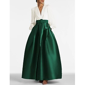A-Line Floor Length Evening Gown High Split Mother Of The Bride Long Sleeve V Neck Formal Wedding Guest Belt / Sash Satin with Pleats Slit
